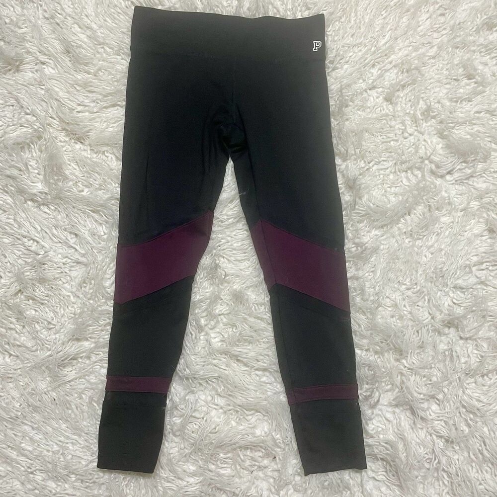 Pink Victoria Secret Small Ankle Legging Black w/ Dark Purple/Mesh Trim